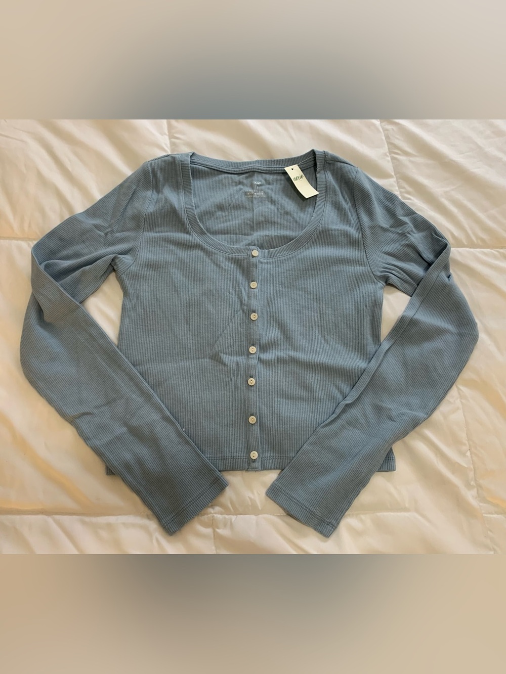 aerie Light Blue Long Sleeve Button-Front Ribbed Top